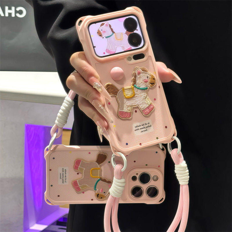 波点刺绣小马带挂绳适用苹果17手机壳iphone15/16pro