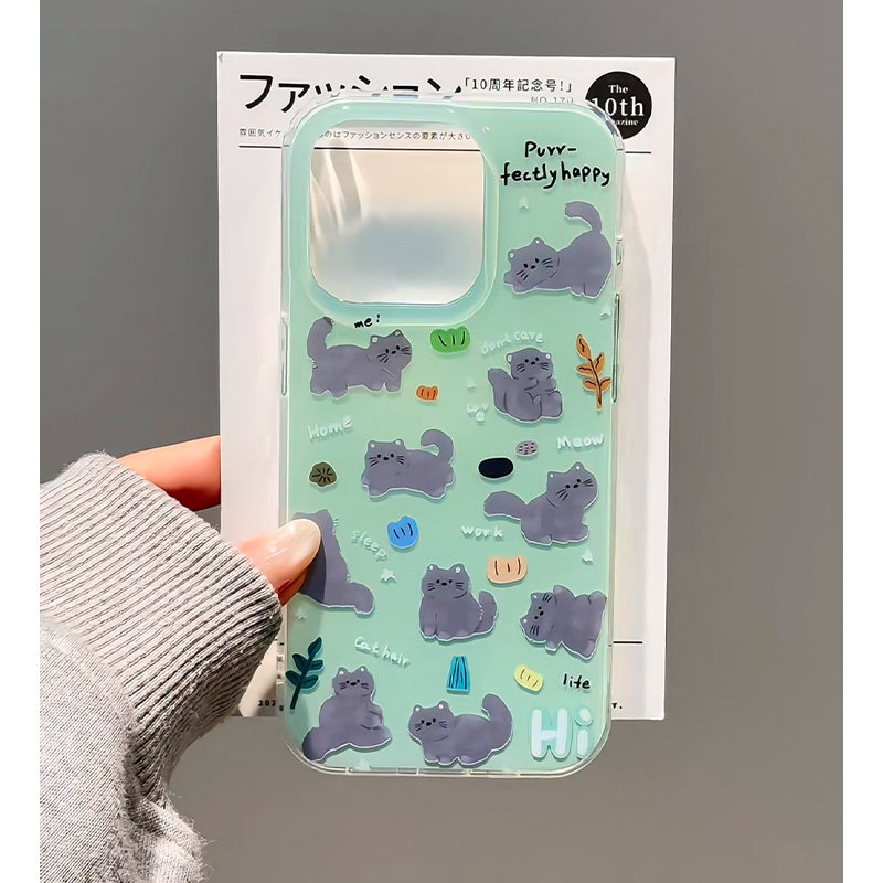 薄荷绿小灰猫适用苹果16/15promax手机壳iphone14pro可爱卡通13软壳12情侣新款11果冻壳IMD防摔plus网红超火