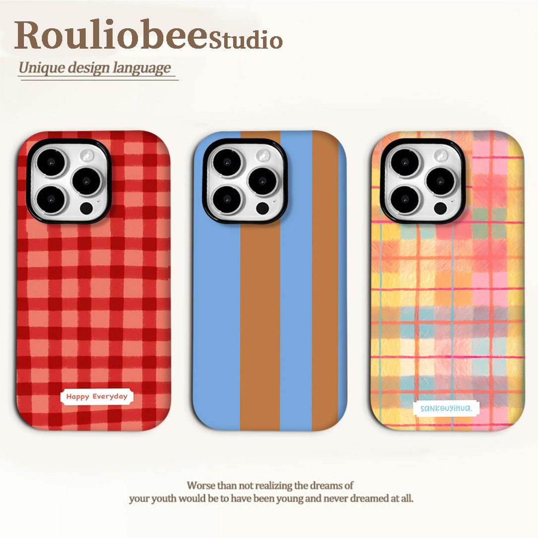 蓝棕条纹适用苹果15手机壳iPhone16promax卡通华为mate70荣耀vivo个性小米超火菲林二合一防摔套OPPO网红超火