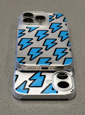 蓝色ins闪电适用苹果15promax手机壳16pro华为mate70新款pura70磨砂PC硬壳OPPOReno12/vivos20x200超火小米15