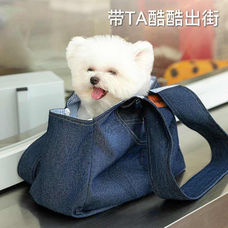 跨境新款猫包牛仔口袋移动外出包便携式手提包泰迪比熊狗狗单肩包