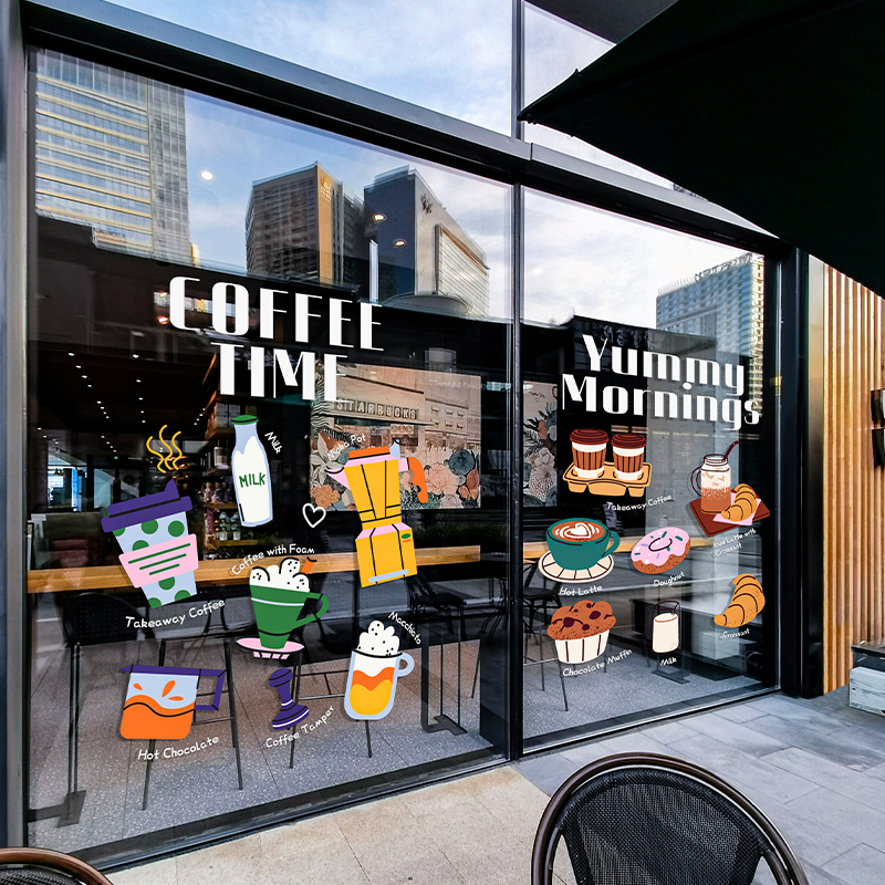 卡通ins咖啡店玻璃贴纸奶茶店橱窗装饰静电贴画餐厅推拉门美化贴图片