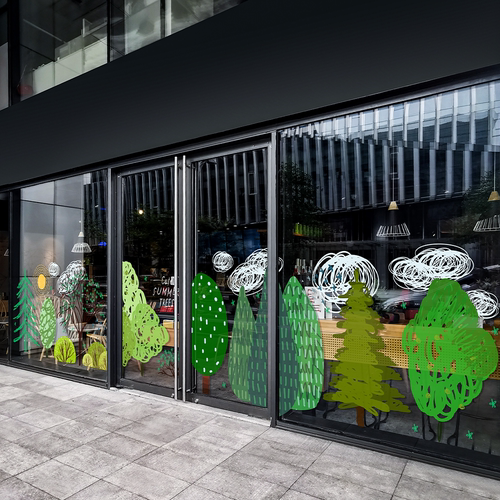 可爱手绘树林店铺橱窗贴四季装饰贴商场展厅玻璃底膜美化氛围布置