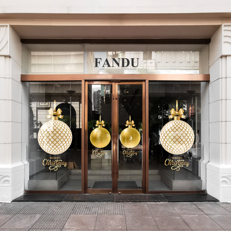 金色圣诞吊球网红装饰品超大美容院会所展厅新年圣诞节玻璃贴纸画