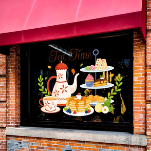 复古美式茶话会装饰静电玻璃门贴纸咖啡奶茶网红店橱窗uv贴氛围感