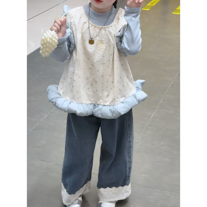 韩版童装女童2026春季套装女宝宝甜美碎花马甲打底衫蕾丝牛仔裤潮