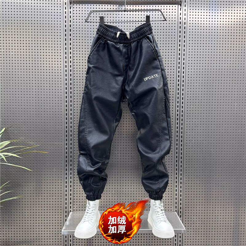 冬天男士加绒加厚骑行皮裤机车外卖防风防水皮裤外卖休闲保暖裤子