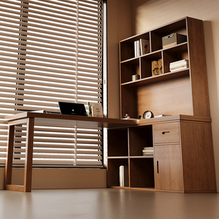 实木转角书桌书柜一体电脑桌家用学习桌书架一体写字桌双人工作台