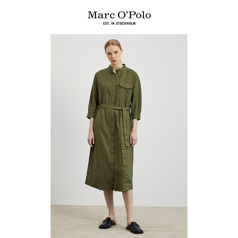 Marc O'Polo/MOP 夏季新款小翻领休闲简约风长款亚麻连衣裙女