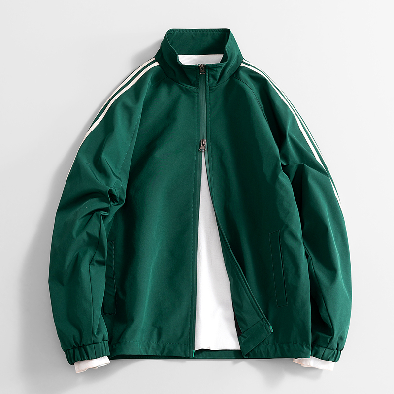 墨绿色三条杠校服外套男女春秋季美式复古立领休闲运动夹克上衣服
