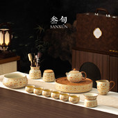 叁旬汝窑金银错缠枝纹功夫茶具茶壶套装 轻奢高档2026新款 伴手礼品