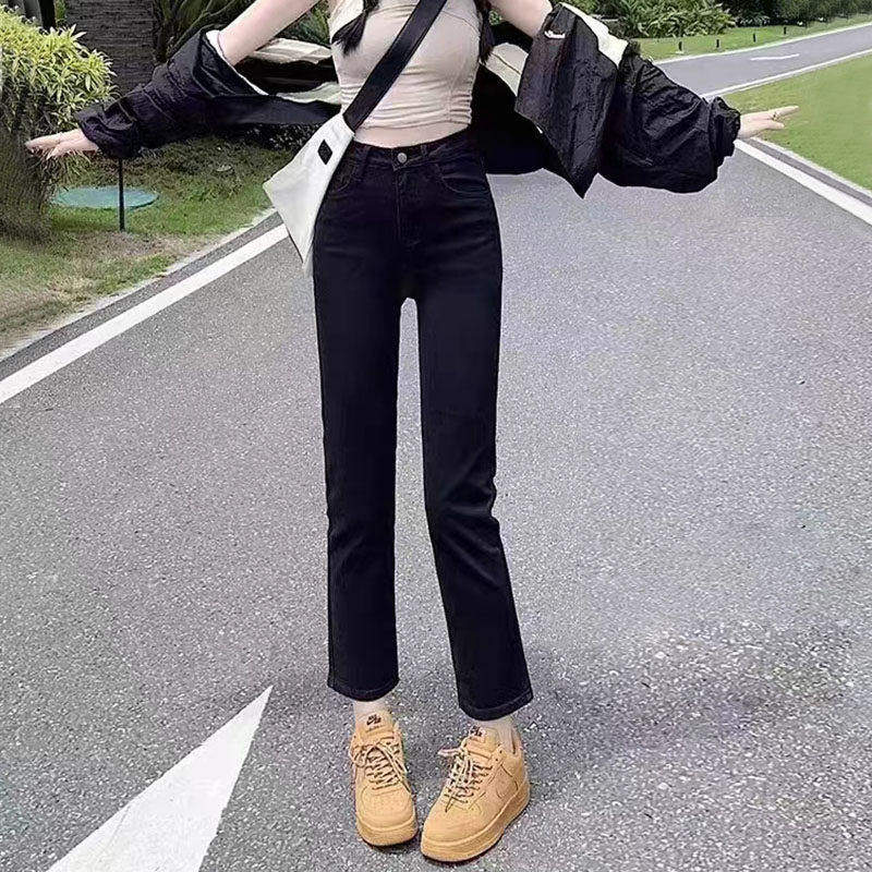 黑色高腰直筒牛仔裤女春秋2026秋冬加绒百搭小个子八九分烟管裤子