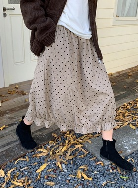 3th Morning  漫步香榭 松紧腰木耳边波点半身裙灯笼裙