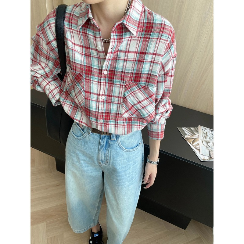 司南 早秋新款 美式复古双口袋撞色格纹宽松休闲衬衫全棉 SN7666