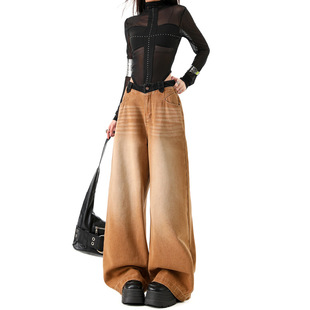 美式复古做旧牛仔裤女废土风宽松显瘦阔腿直筒拖地裤土黄色