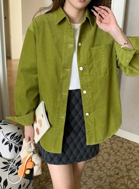 3th Morning 抹茶牛油果 复古全棉灯芯绒宽松长袖衬衫