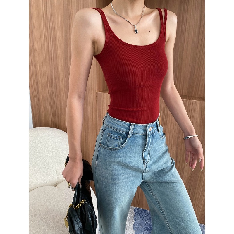 司南 早秋新款 自带胸垫一体大U领多巴胺双肩带吊带背心 SN6823