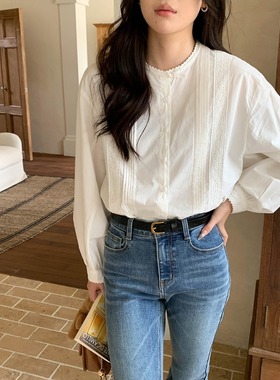 3th Morning 早秋新款 法式拼接蕾丝花边圆领长袖衬衫