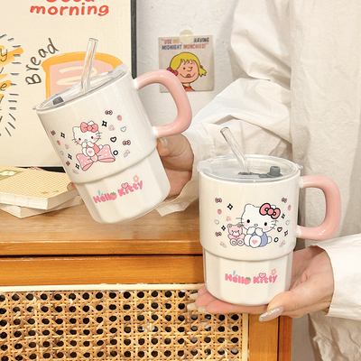 高颜值陶瓷水杯吸管杯马克杯带盖家用女生情侣生日礼物送人伴手礼