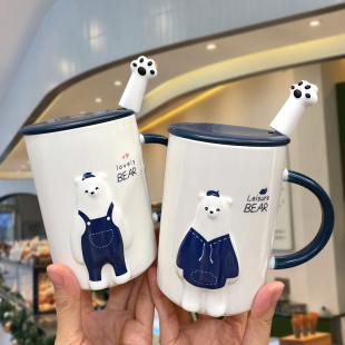 简约家用喝水杯早餐牛奶茶杯 马克杯子女带盖勺子咖啡杯陶瓷情侣款