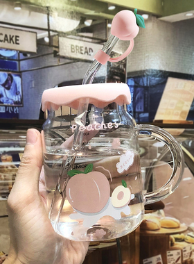 夏季ins高颜值马克杯水果玻璃吸管杯带盖水杯子家用办公室花茶杯