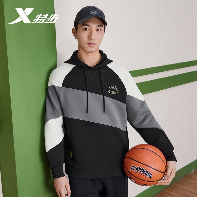 特步男连帽卫衣秋季新款撞色宽松男上衣运动外套976129930156