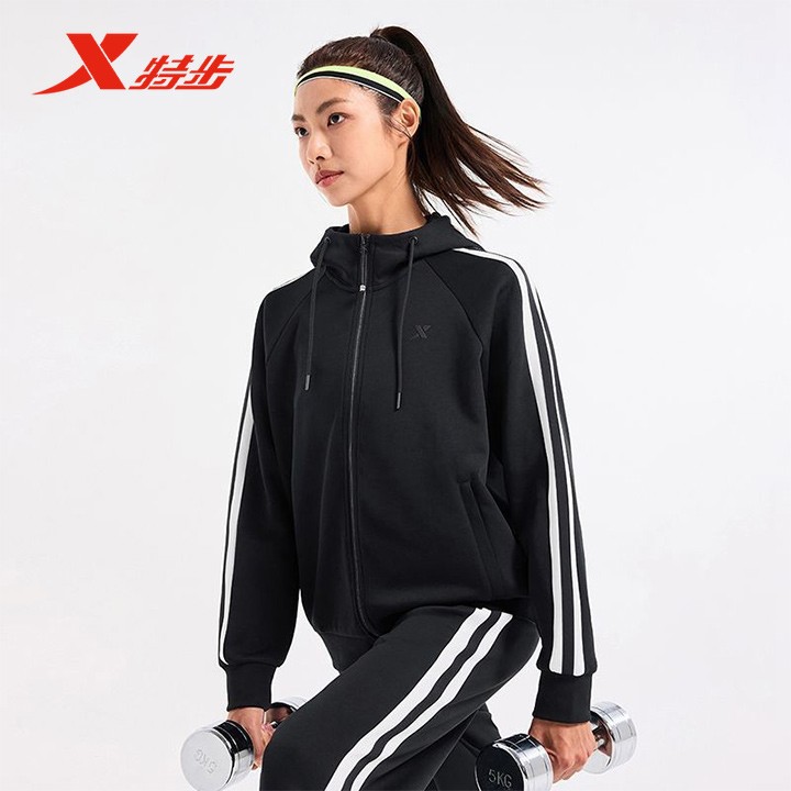 特步运动外套休闲夹克2024秋季新品女子针织连帽上衣976328940066