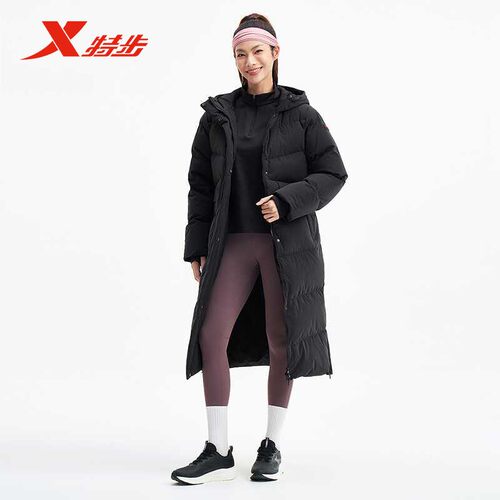 特步女士中长鹅绒保暖防寒羽绒服