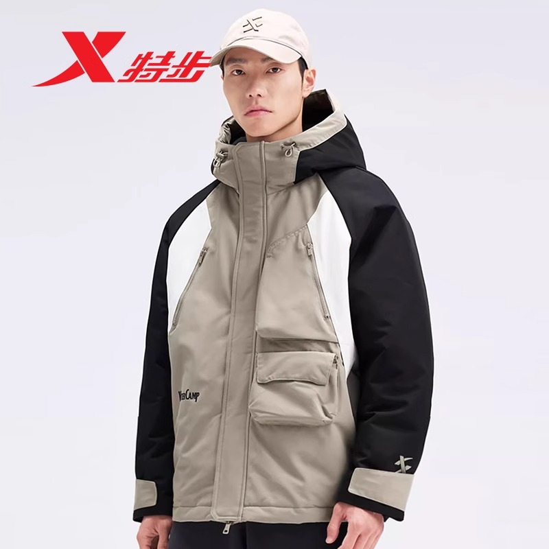 特步棉服男加厚保暖撞色连帽宽松运动休闲潮流棉服男976429180479