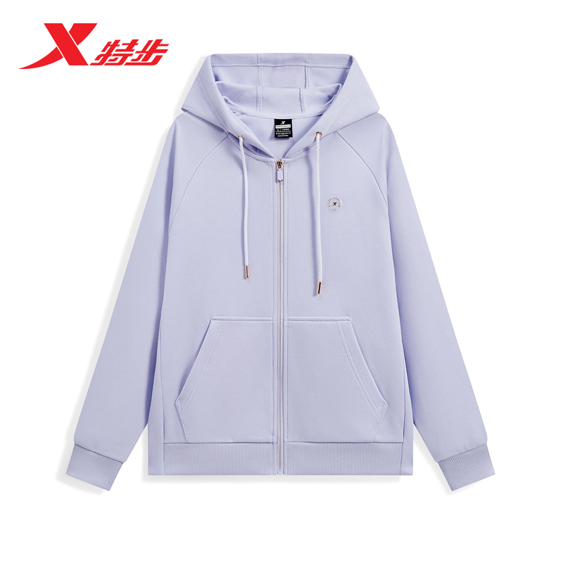 特步女连帽外套秋季新款休闲运动针织开衫上衣976128940285