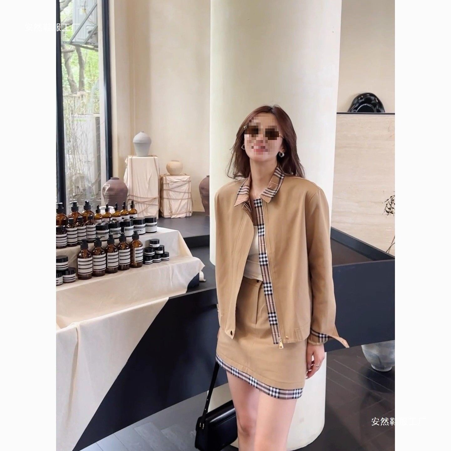 新款春秋高级感小个子夹克卡其色格子外套女上衣短裙套装两件套女