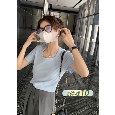 EKOOL华夫格纯色大U领短袖女T恤夏季上衣短款休闲打底衫韩系风