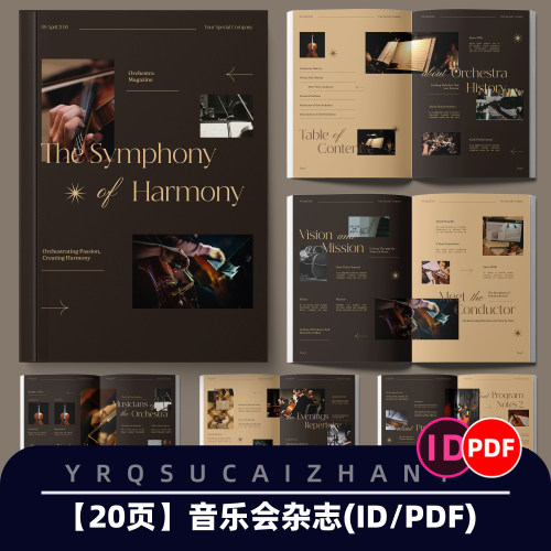 N368  20页复古棕色优雅音乐杂志排版画册手册ID模板PDF素材
