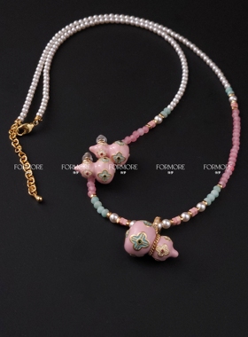 粉色葫芦福禄串珠项链耳钉复古滴油新中式高级感首饰新年毛衣链