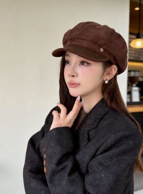 韩版高品质麂皮绒八角帽子女复古气质百搭报童帽显脸小画家帽秋冬