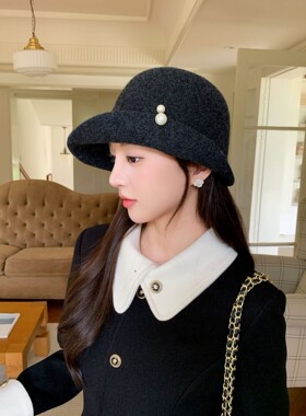 毛呢渔夫帽女秋冬百搭显脸小珍珠装饰小香风画家帽复古时尚帽子