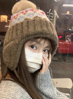费尔岛风毛线帽女秋冬季复古百搭大头围保暖针织帽显脸小护耳帽子