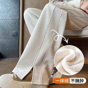 含醋酸羊毛加绒阔腿裤女巨好看窄版垂感毛呢直筒开叉裤子冬加厚