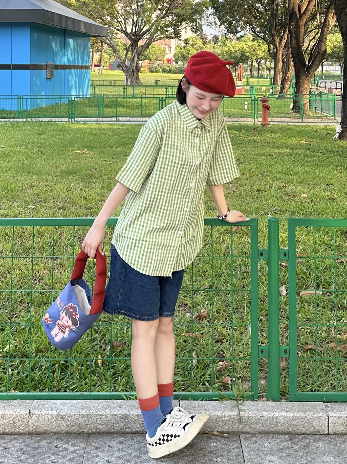 일본식 반팔 셔츠 루즈한 그린 체크무늬 탑 활용도 높은 하이웨이스트 데님 와이드 팬츠 틈새 디자인