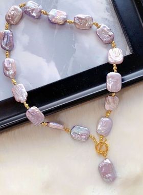 紫色项链淡水紫色巴洛克气质欧美风方巴毛衣链网红个性锁骨链