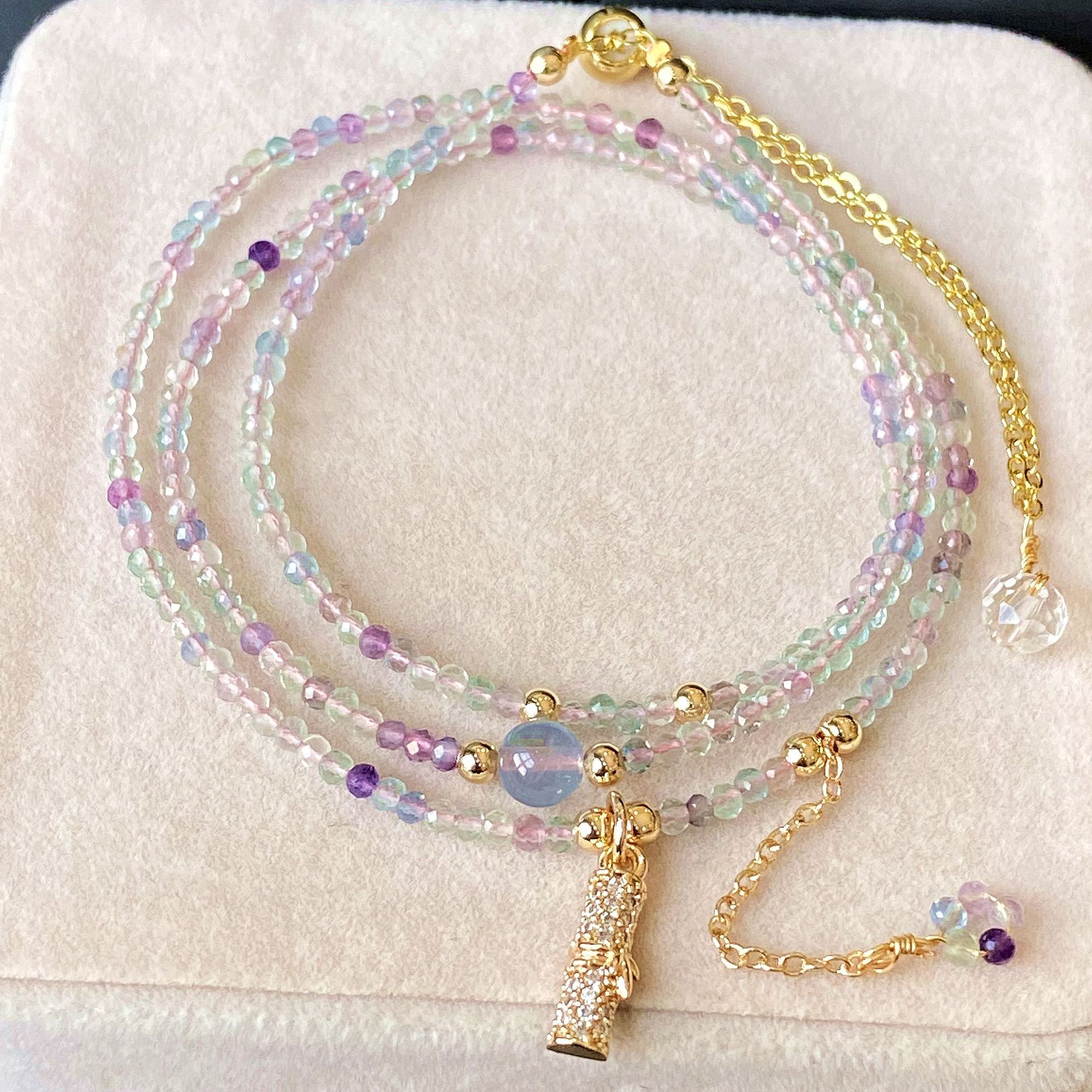 天然切面超闪彩萤石绿萤石紫萤石多层三圈手链手串项链两用款