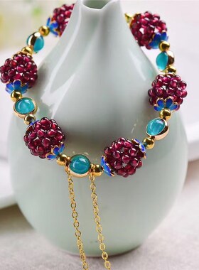 民族风天然石榴石花球手链耳坠毛衣链搭配天河石手串耳环