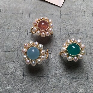 草莓晶 天河石 海蓝宝 紫云母戒指14K配饰保色可调节开口名媛轻奢