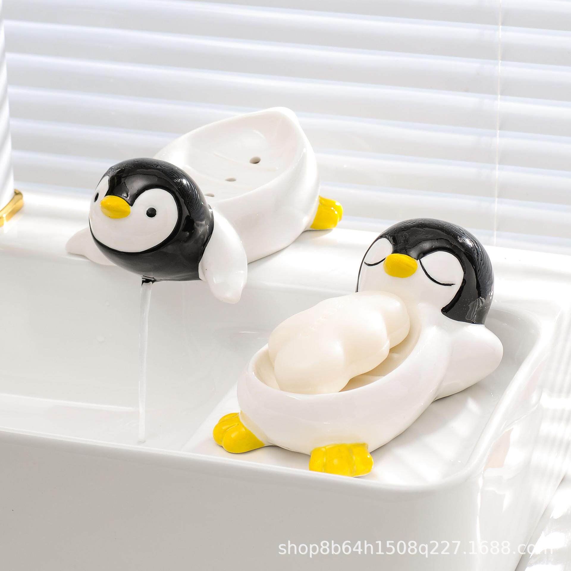 卡通企鹅肥皂沥水盒可爱浴室洗手台香皂收纳排水盒不积水陶瓷皂碟