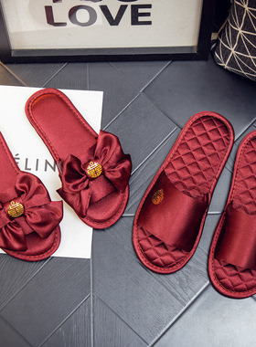 情侣结婚拖鞋喜庆红色一对新婚新娘陪嫁晨袍鞋防滑高级感缎面拖鞋