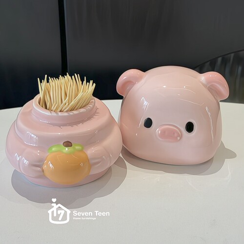 呆萌猪咪牙签筒家用牙线收纳盒