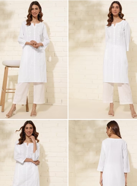 印度白色Chikankari棉质及膝 Kurta连衣裙