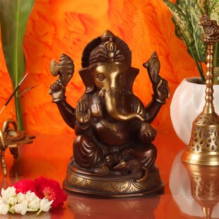 印度手工制Ganesha黄铜象头神像双色调巧克力色和金色高度 8 英寸