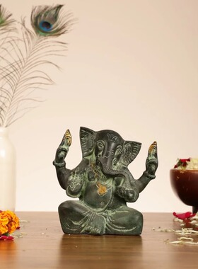 印度国际直邮黄铜Ganesha复古象头神雕像带倾斜头部7 英寸雕像