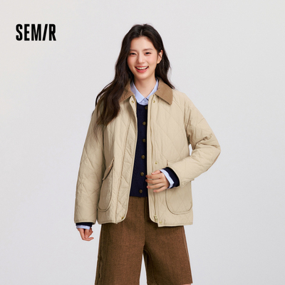 森马翻领菱格轻薄中长款棉服女
